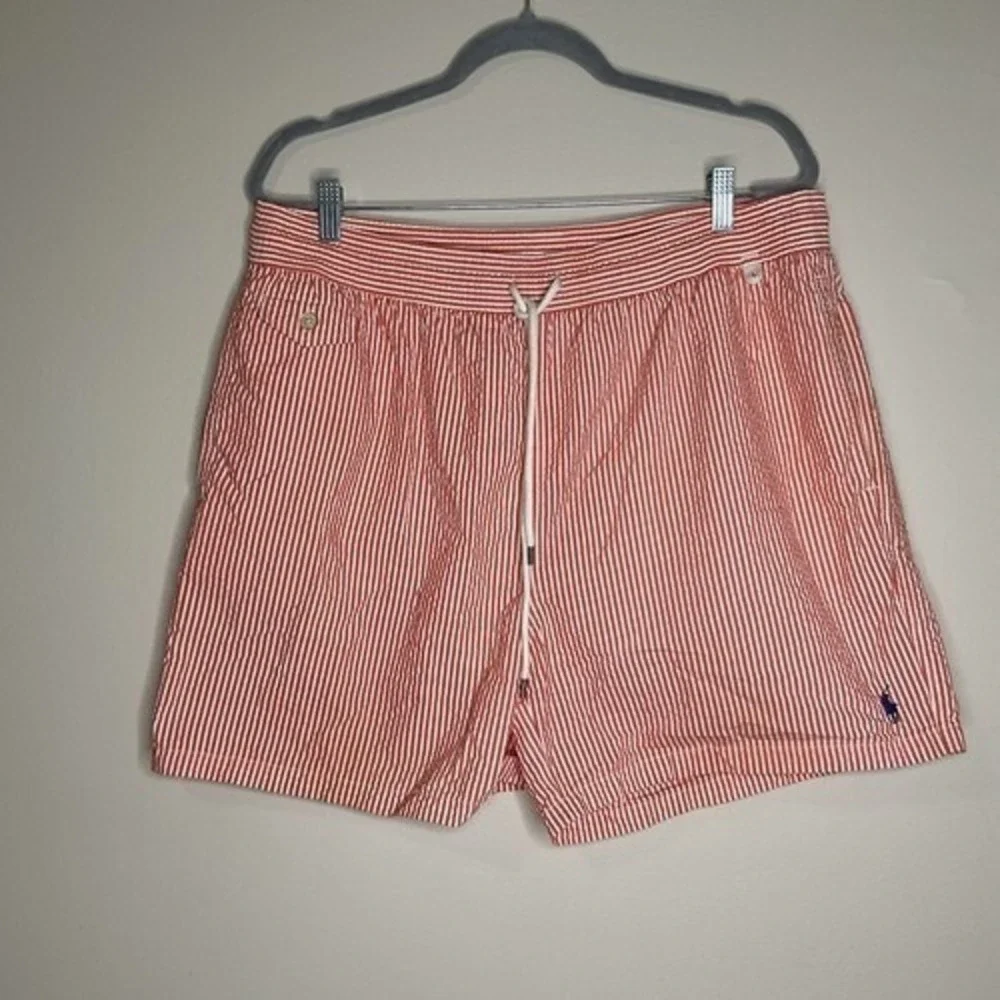 VTG Polo Ralph Lauren‎ Swimwear White/Pink Striped Swimming Shorts Men 2XL China